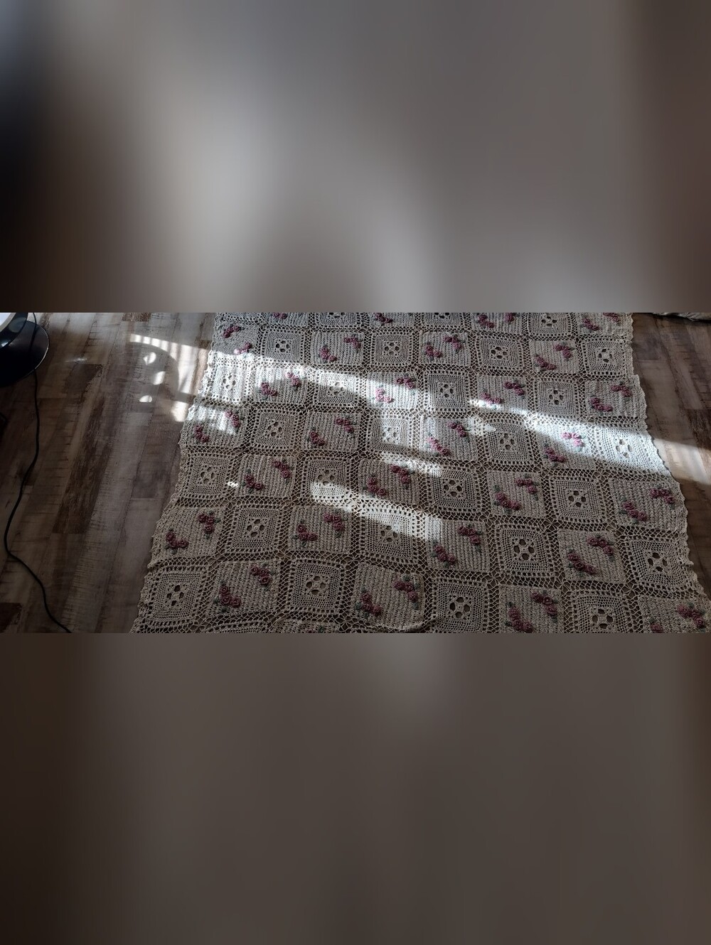 Handmade Cream Crochet Floral Throw Blanket with Pink Accents
